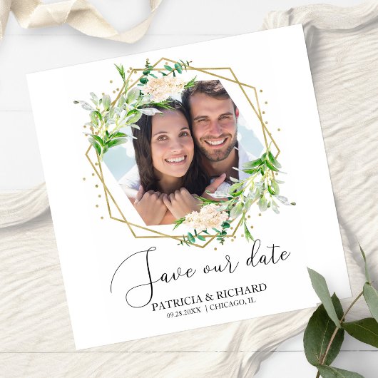 Elegante groene foto trouwkaart save the date