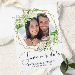 Elegante groene foto trouwkaart save the date magneet