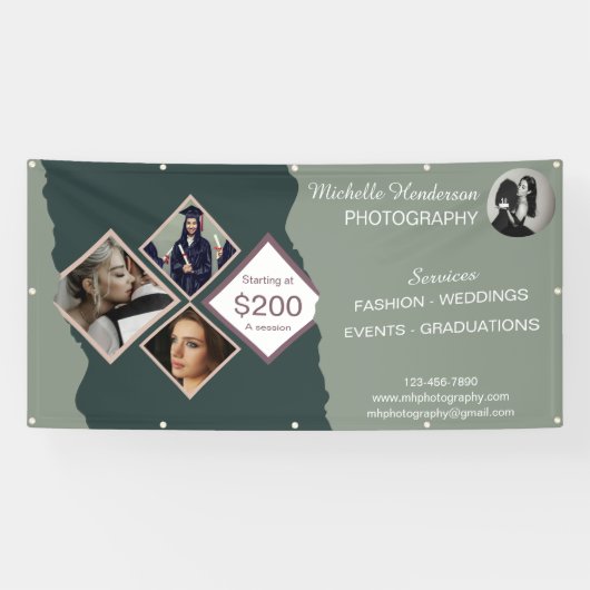 Elegante Groene Fotocollage Professionele Bedrijf Spandoek (Horizontaal)