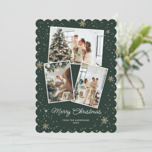Elegante Groene Fotocollage Vrolijke Kerstmis Kaar Feestdagenkaart (Staand voorkant)