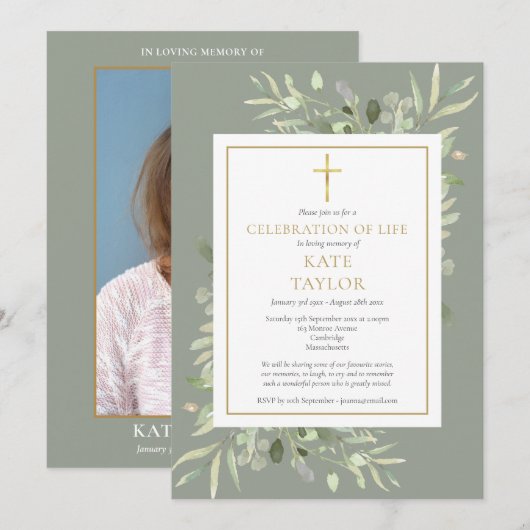 Elegante groene fotofeest ter herdenking van overl kaart (Voorkant / Achterkant)