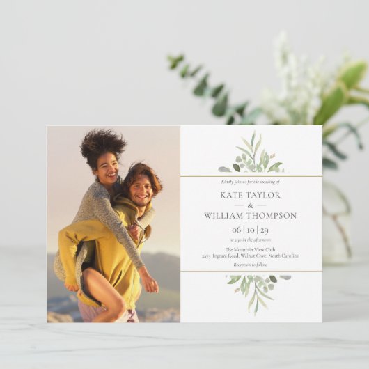 Elegante groene fotowedding kaart (Staand voorkant)