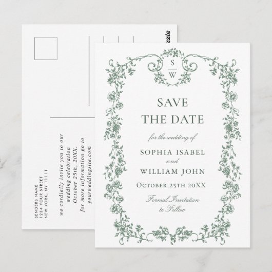 Elegante groene Franse Toile Wedding Save the Date Briefkaart (Voorkant / Achterkant)