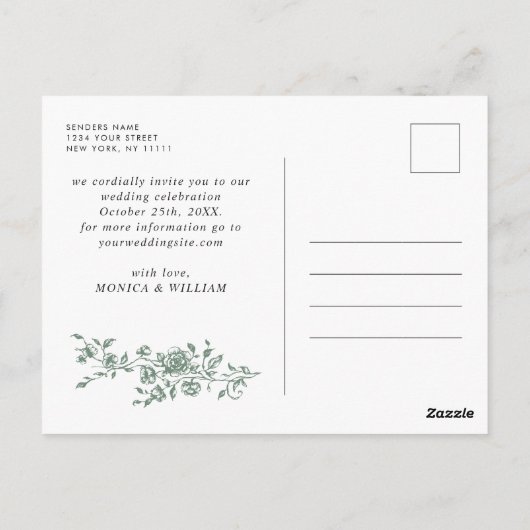 Elegante groene Franse Toile Wedding Save the Date Briefkaart (Achterkant)