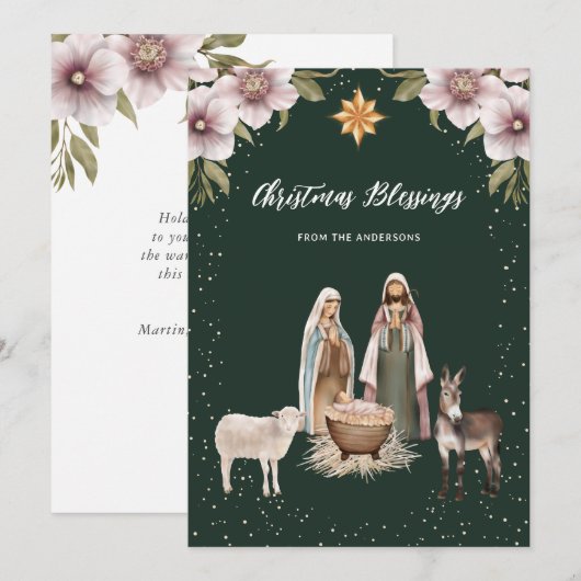 Elegante Groene Geboorte Christelijke Kerstmis Kaa Feestdagenkaart (Voorkant / Achterkant)