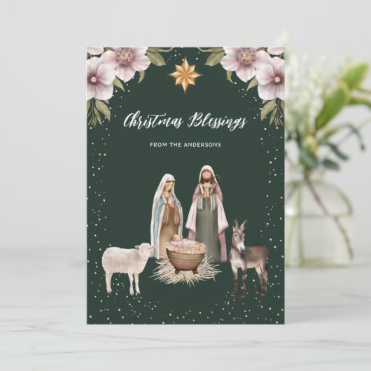 Elegante Groene Geboorte Christelijke Kerstmis Kaa Feestdagenkaart (Staand voorkant)