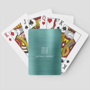 Elegante Groene Geborstelde Metalen Monogramnaam Pokerkaarten