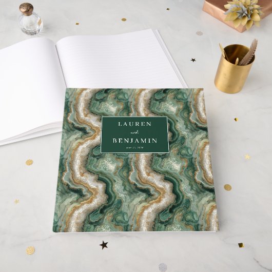 Elegante groene gemarmerde golven gastenboek (Voorkant open)