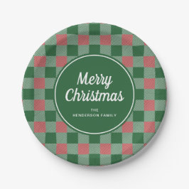 Elegante groene geruite vrolijk kerstfeest papieren bordje