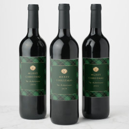Elegante groene geruite vrolijk kerstfeest wijn etiket