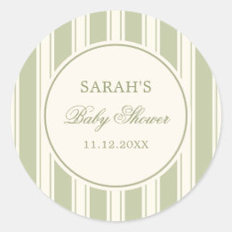 Elegante groene gestreepte babyshower ronde sticker