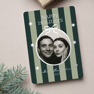 Elegante Groene Gestreepte Ornament Foto Kerstkaar Folie Feestdagenkaart