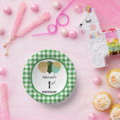 Elegante groene gingham & ballonnen 1e verjaardag papieren kommen (Feest)