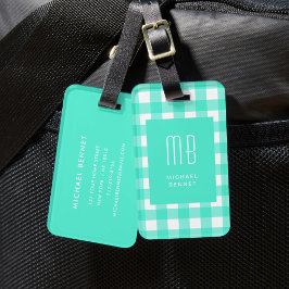 Elegante groene Gingham-monogram Bagagelabel