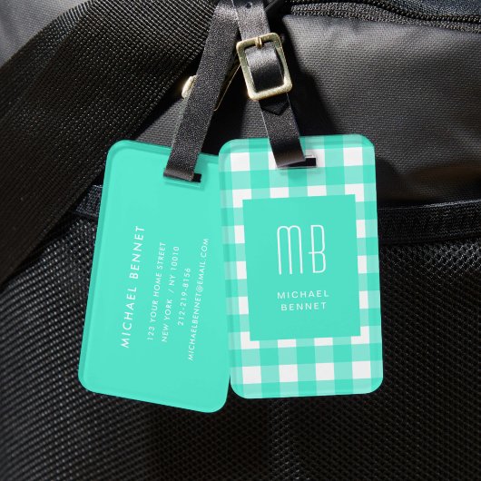 Elegante groene Gingham-monogram Bagagelabel