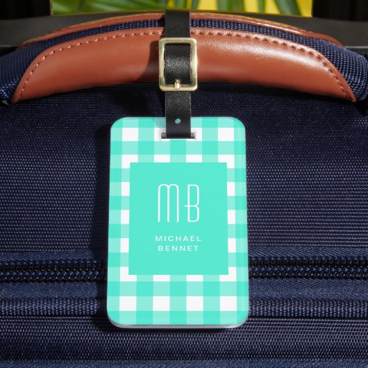 Elegante groene Gingham-monogram Bagagelabel (Voorkant Insitu 2)