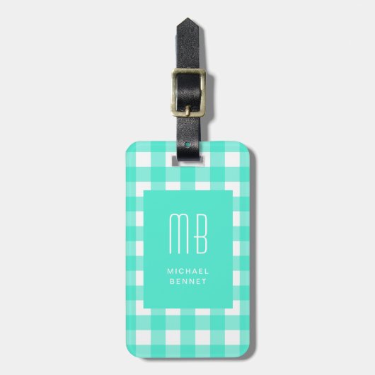 Elegante groene Gingham-monogram Bagagelabel (Voorkant verticaal)