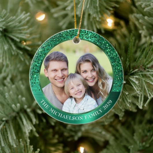 Elegante groene glitter foto Metallic Christmas Keramisch Ornament (Boom)