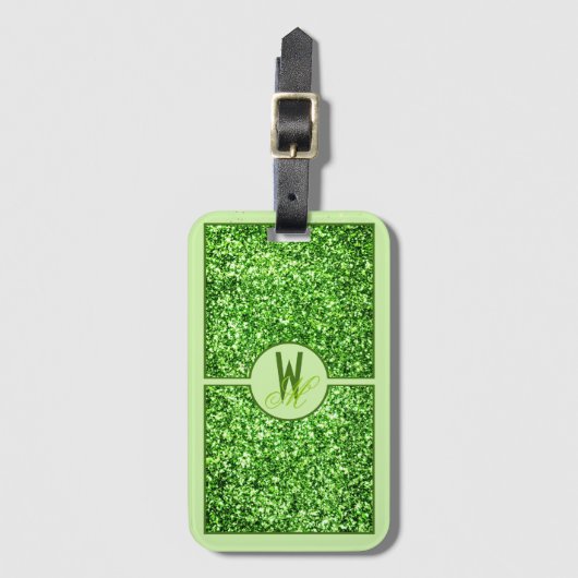 Elegante groene glitter monogram bagagelabel (Voorkant (verticaal))