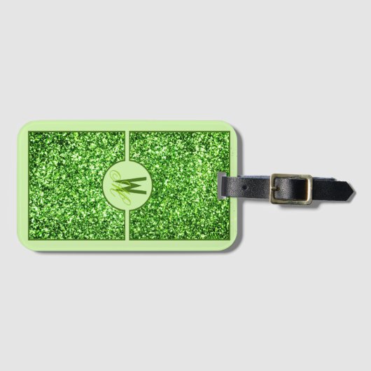 Elegante groene glitter monogram bagagelabel (Voorkant (horizontaal))