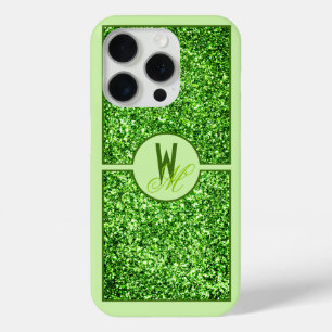 Elegante groene glitter monogram iPhone 15 pro case