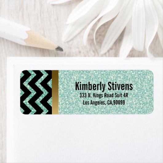 Elegante groene glitter zwart chevron gouden accen etiket (Insitu)
