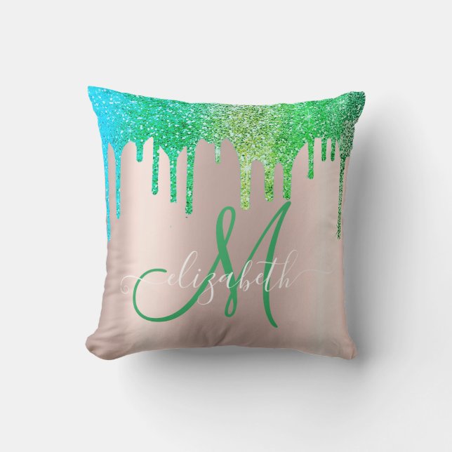 Elegante groene glitterslierten rozegoud monogram kussen (Voorkant)