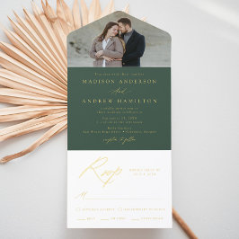 Elegante groene goud folie kalligrafie foto trouwf all in one uitnodiging