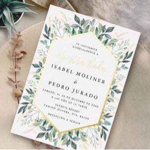 Elegante groene gouden bladeren Nuestra Boda Bruil Folie Uitnodiging