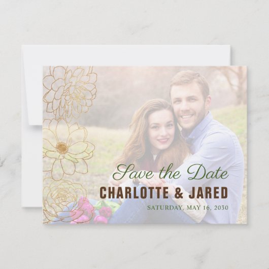 Elegante Groene & Gouden Bloemen Bewaar de Datum F (Voorkant)