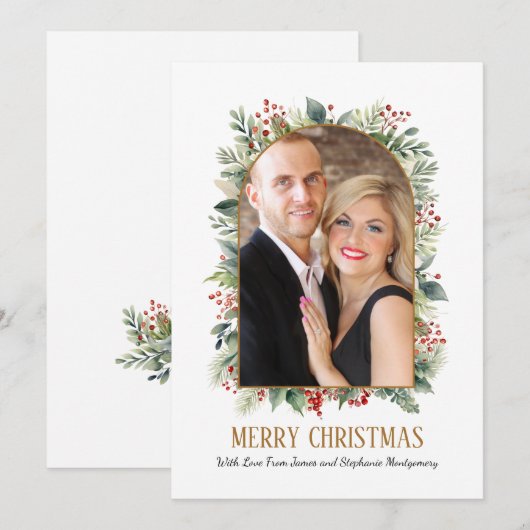 Elegante groene gouden boog aangepaste foto kerst feestdagenkaart (Voorkant / Achterkant)