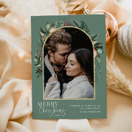Elegante Groene Gouden Boog Prettig Kerstmis Foto Feestdagenkaart