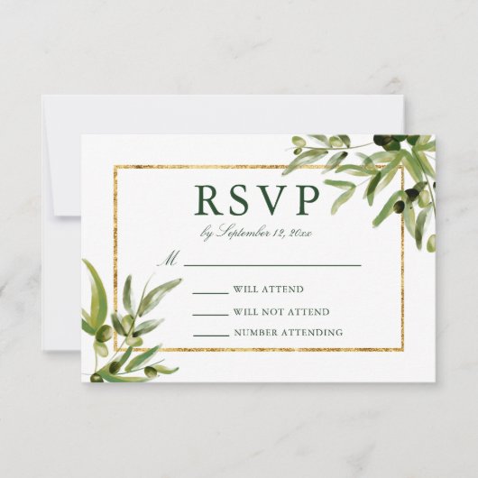 Elegante groene gouden botanische huwelijksrank RSVP kaartje (Voorkant)