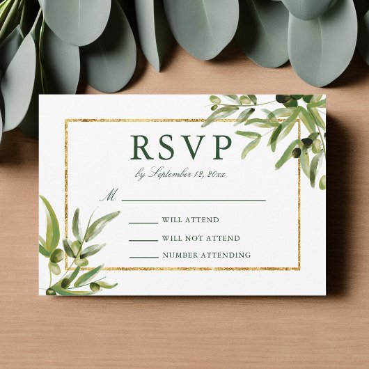 Elegante groene gouden botanische huwelijksrank RSVP kaartje