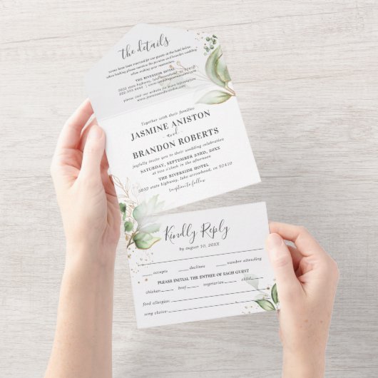 Elegante groene & gouden bruiloft all in one uitnodiging (Afscheurbaar)