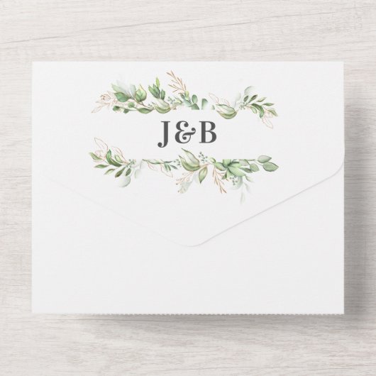 Elegante groene & gouden bruiloft all in one uitnodiging (Achterkant)