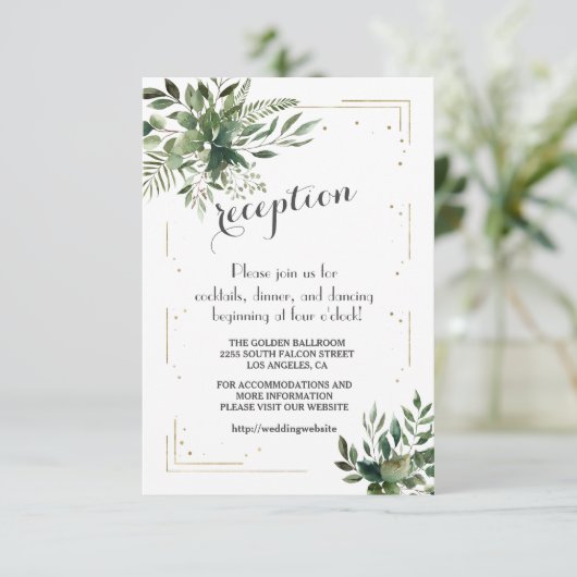 Elegante groene gouden confetti huwelijksdetails informatiekaartje (Staand voorkant)