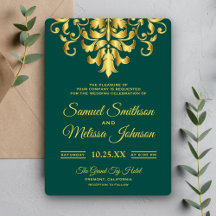 Elegante groene gouden damasten trouwuitnodiging
