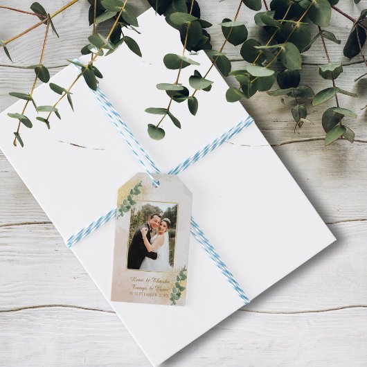 Elegante groene & gouden foto bruiloft cadeaulabel