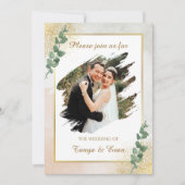 Elegante groene & gouden foto bruiloft uitnodiging (Voorkant)