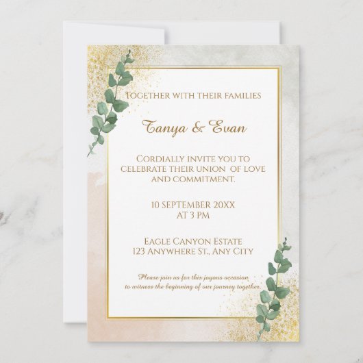 Elegante groene & gouden foto bruiloft uitnodiging (Achterkant)