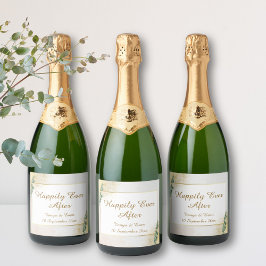Elegante groene & gouden fototrouw sparkling wijnetiket