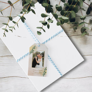Elegante groene & gouden fototrouwdag cadeaulabel