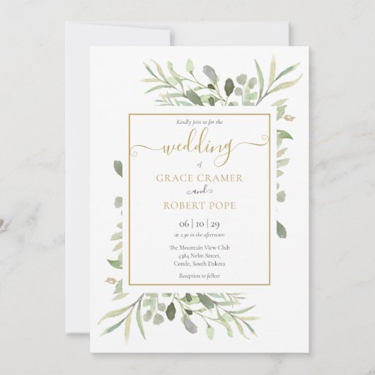 Elegante groene gouden geometrische script bruilof kaart (Voorkant)