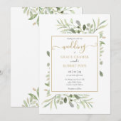 Elegante groene gouden geometrische script bruilof kaart (Voorkant / Achterkant)