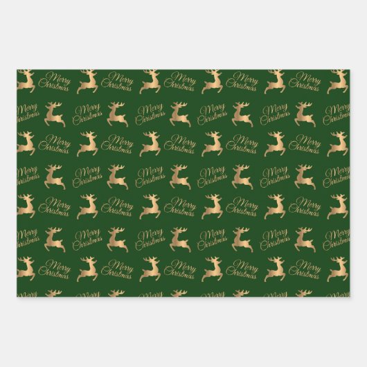 Elegante groene gouden glitter sterren en rendiere inpakpapier vel (Voorkant 3)