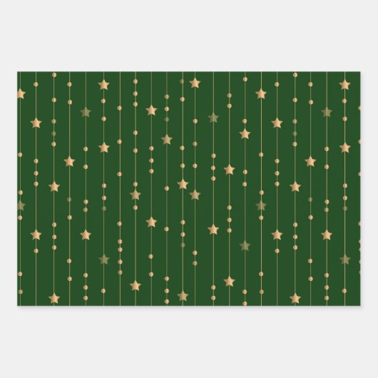 Elegante groene gouden glitter sterren en rendiere inpakpapier vel (Voorkant)
