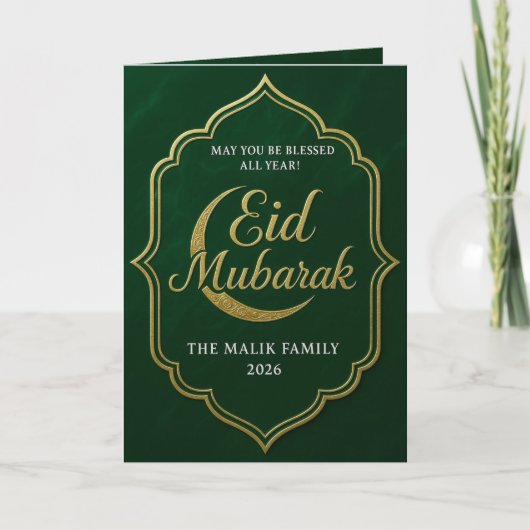 Elegante Groene & Gouden Halve Maan Eid Kaart (Voorkant)