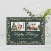 Elegante groene gouden kerstkaart met twee foto's (Staand voorkant)