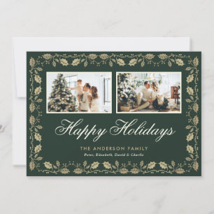 Elegante groene gouden kerstkaart met twee foto's